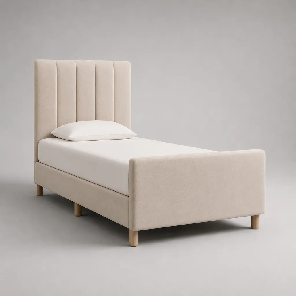 Letto singolo imbottito in velluto beige, 100 × 215 × 120 cm, per materasso 90 × 200 cm, con testiera a pannelli verticali