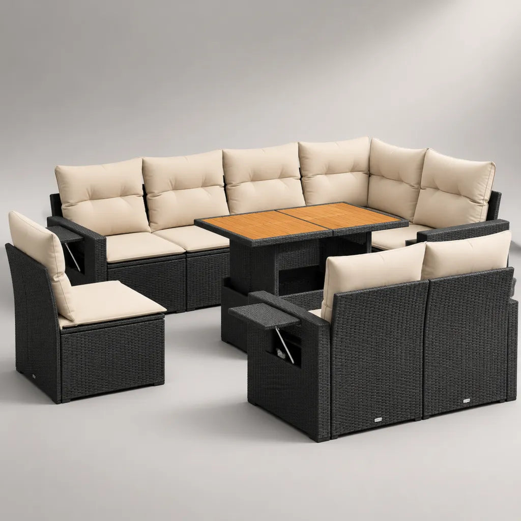 Set divano angolare da giardino a 9 posti in rattan PE nero con cuscini beige e tavolo marrone, 285 x 220 x 74 cm