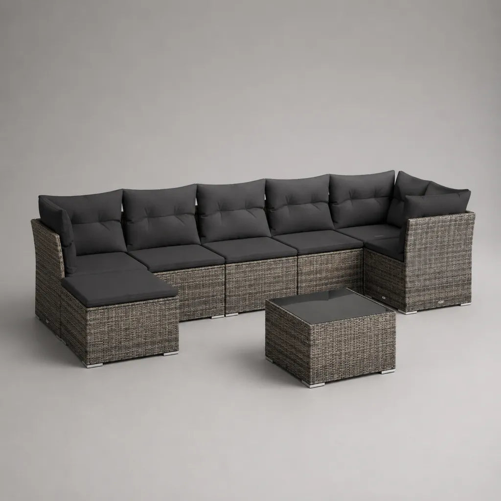 Salotto modulare da giardino a 6 posti con tavolino in rattan e acciaio, grigio screziato e antracite, 336 × 136 × 74 cm