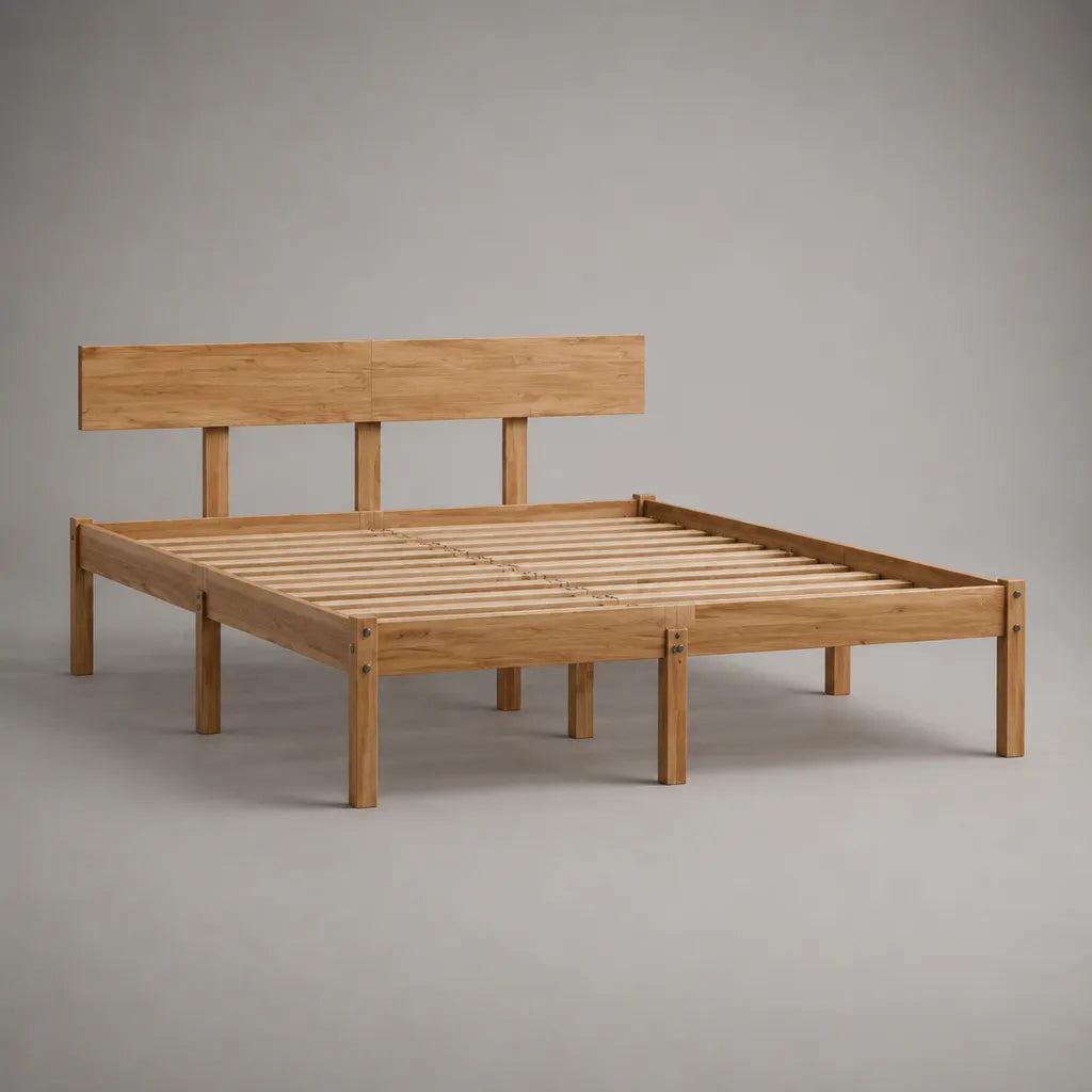 Letto matrimoniale in legno massello marrone naturale con testiera e rete a doghe, 166 x 209 x 90 cm, materasso 160 x 200 cm