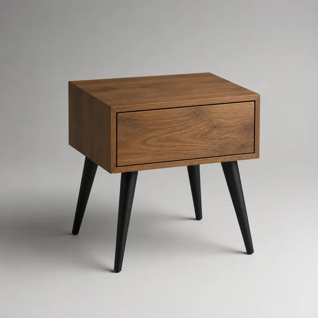 Tavolino laterale rettangolare con cassetto in MDF impiallacciato e legno massello, marrone noce e nero, 45 x 35 x 55 cm