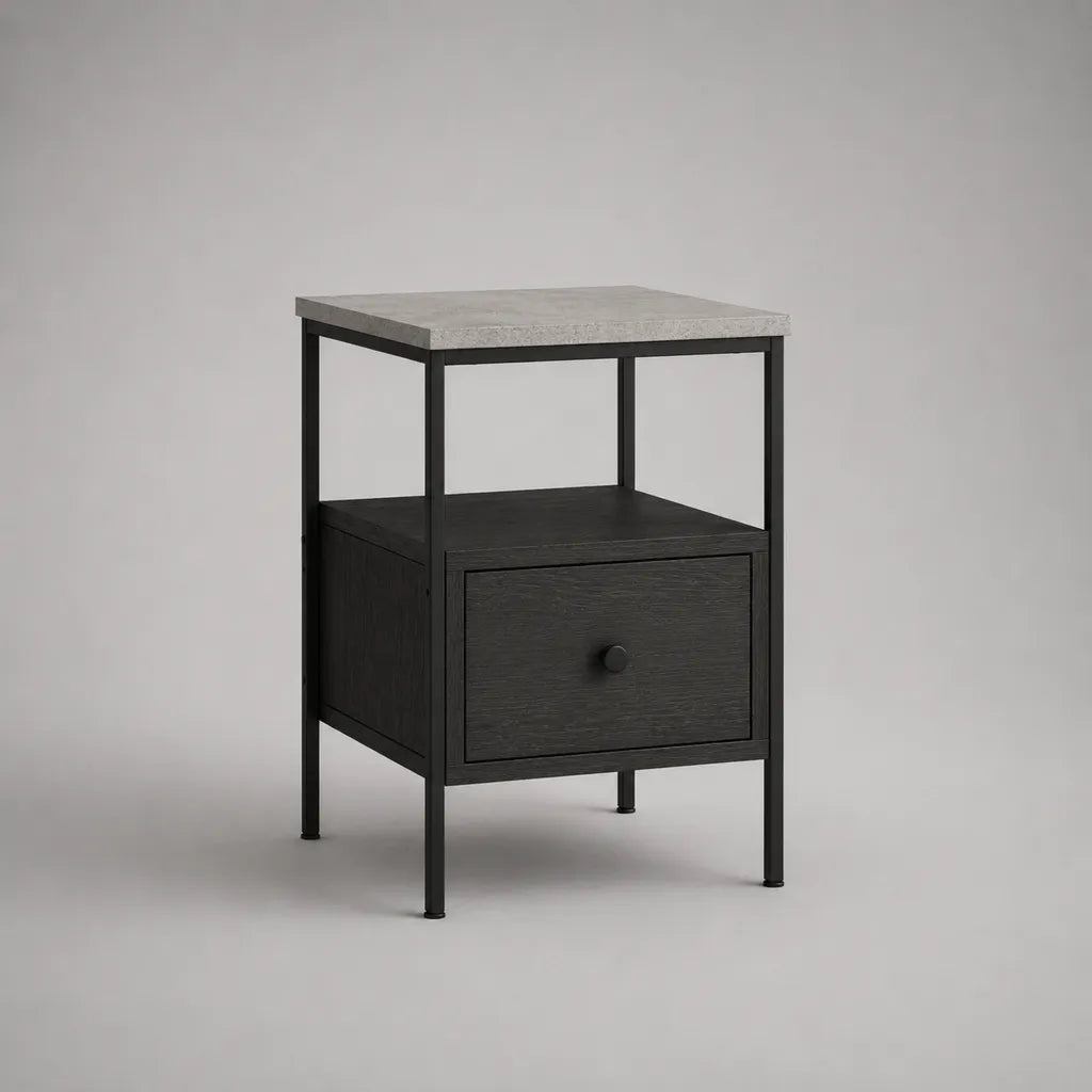 Comodino rettangolare in MDF e acciaio con cassetto e ripiano, nero e grigio, 40 × 40 × 60 cm