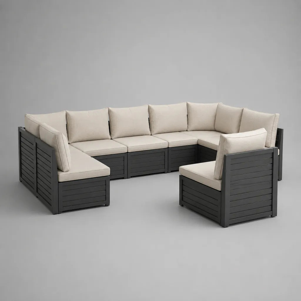 Set divano angolare modulare da esterno a 7 posti in alluminio con cuscini in poliestere beige, antracite, 360 x 144 x 74 cm