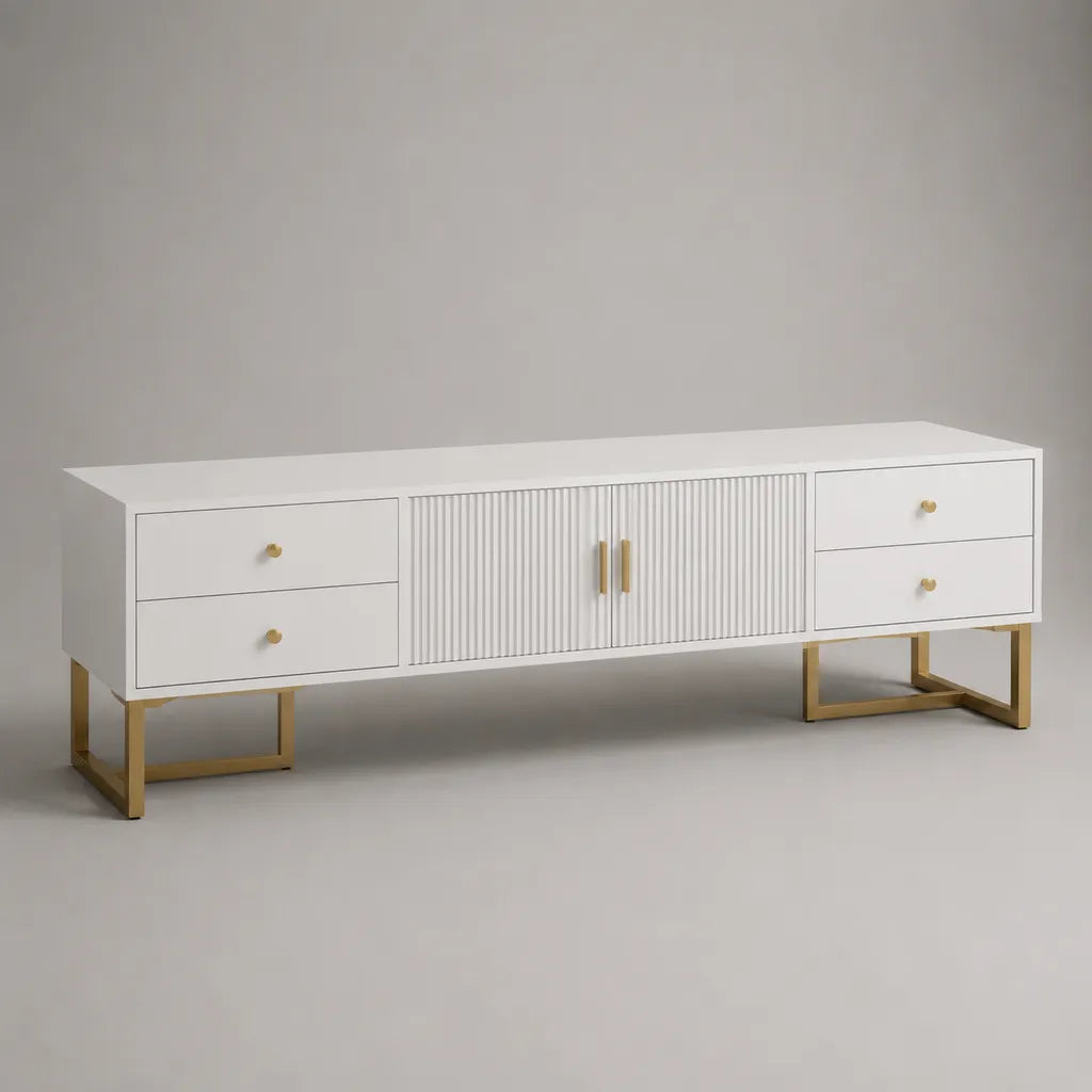 Mobile porta TV rettangolare in MDF e acciaio, bianco e oro, con 4 cassetti e 2 ante, 180 x 40 x 60 cm