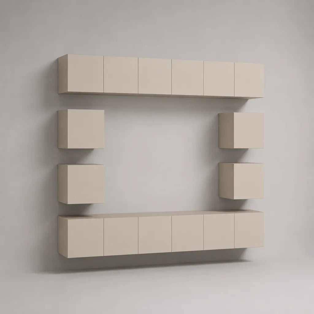 Parete attrezzata sospesa componibile in legno, 6 elementi, beige opaco, 240 × 40 × 235 cm