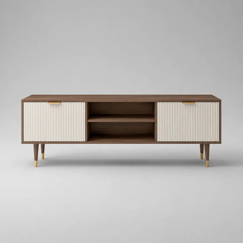 Mobile TV rettangolare in legno con 2 ante scanalate avorio e 2 vani aperti, marrone noce e ottone, 180 × 40 × 60 cm