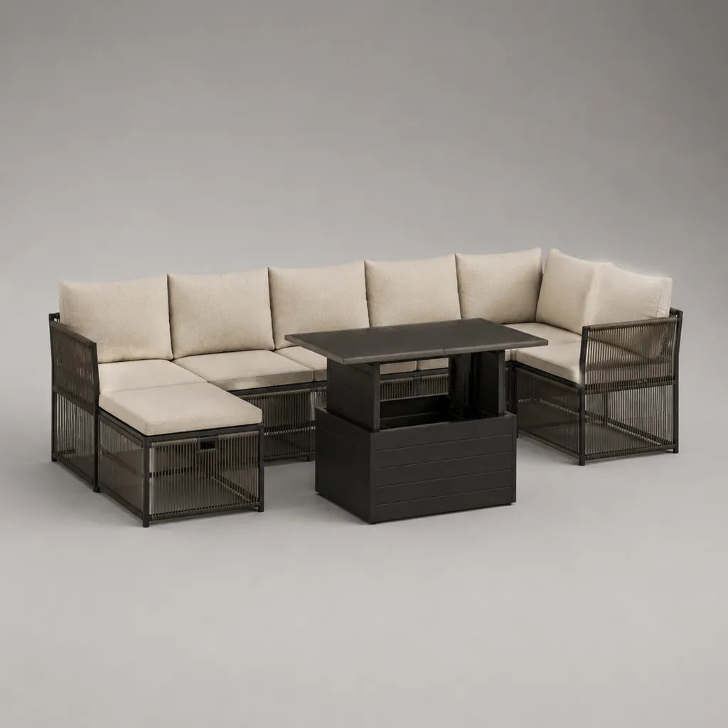 Salotto angolare da giardino a 6 posti in acciaio e corda PE antracite con cuscini beige e tavolo rialzabile, 260 x 200 x 74 cm