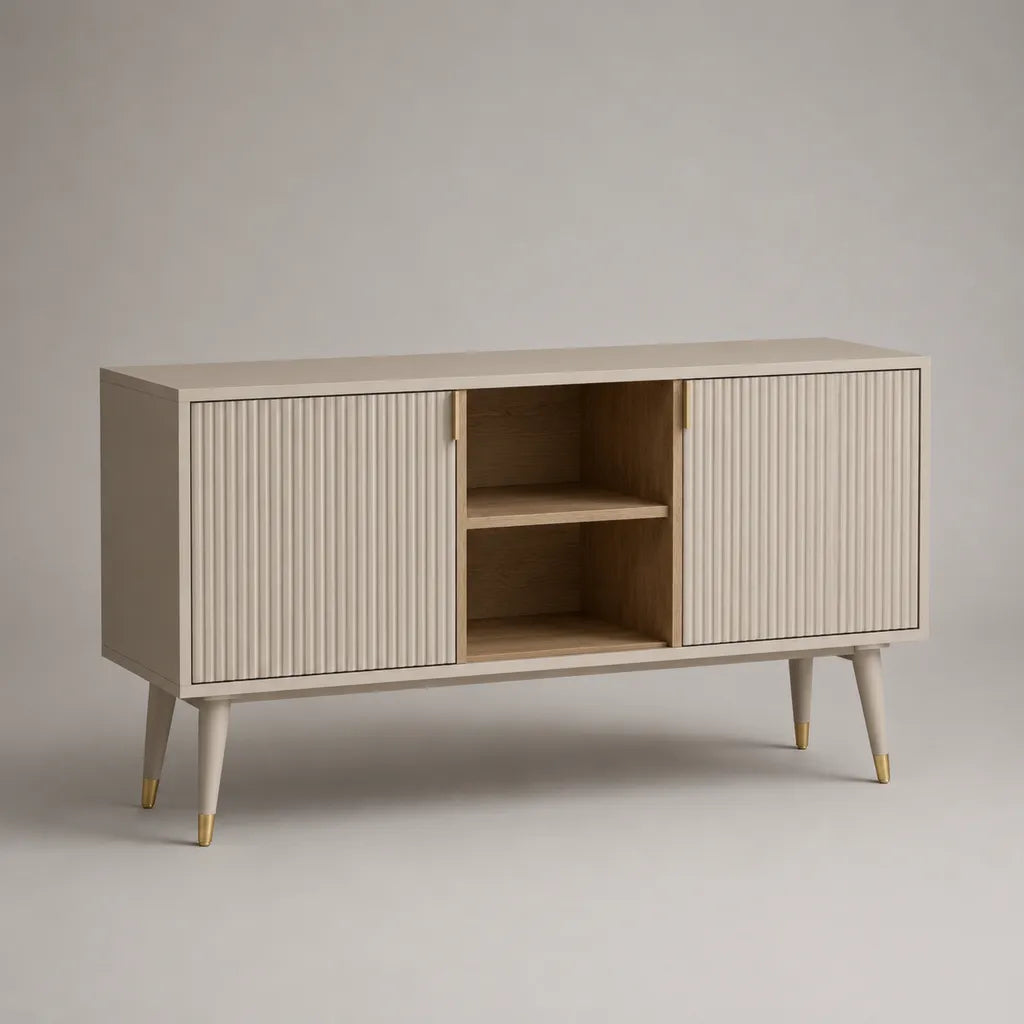 Mobile porta TV in MDF beige e rovere con 2 ante scanalate e 2 vani aperti, 140 × 40 × 80 cm