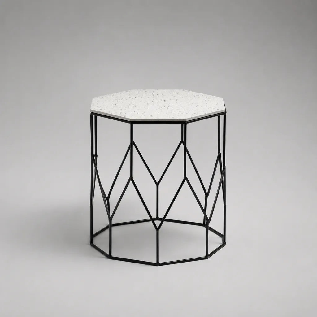 Tavolino laterale ottagonale in terrazzo composito e acciaio nero, 45 × 45 × 55 cm