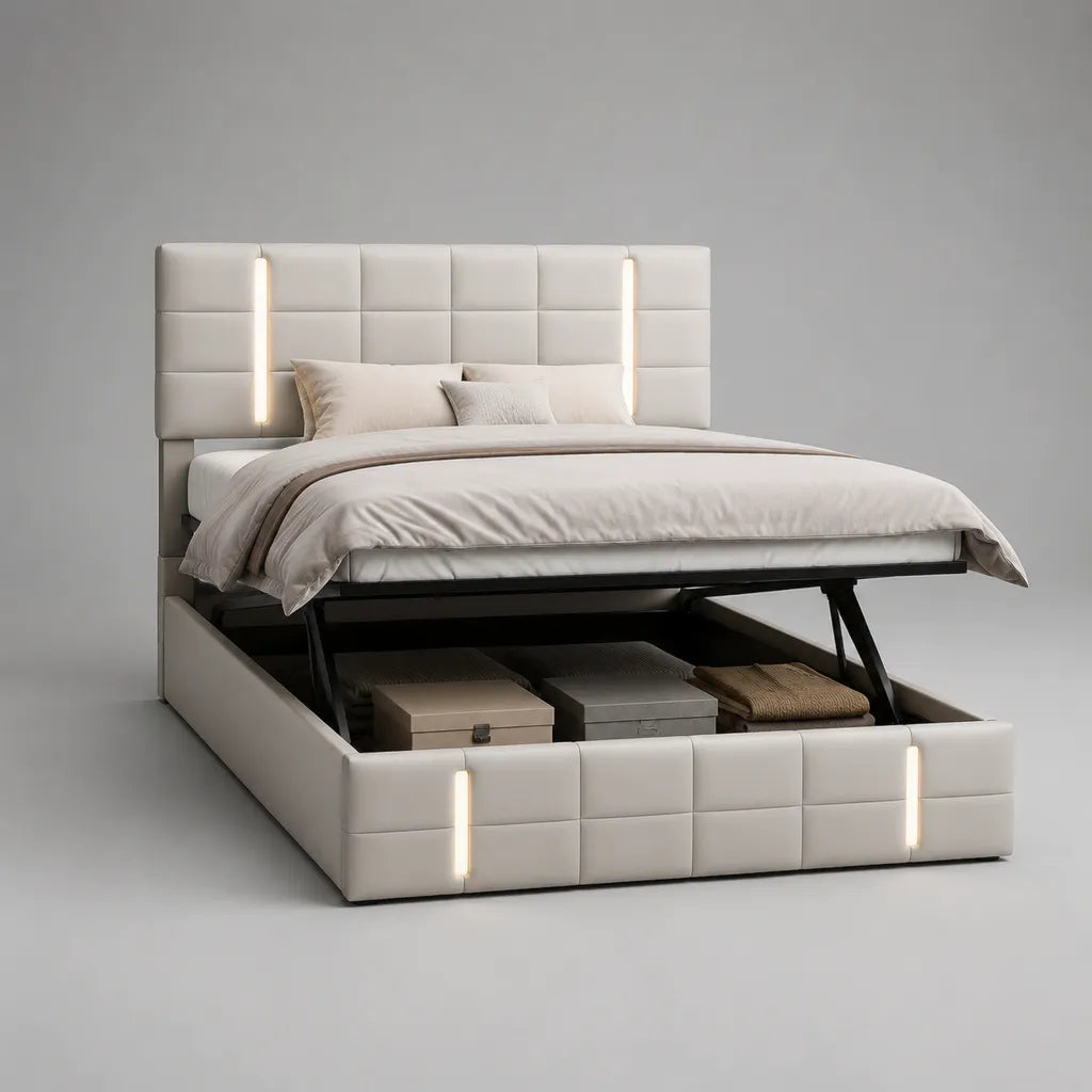 Letto matrimoniale contenitore con LED, rete sollevabile e rivestimento in poliestere bianco, per materasso 160 x 200 cm, dimensioni 180 x 220 x 125 cm