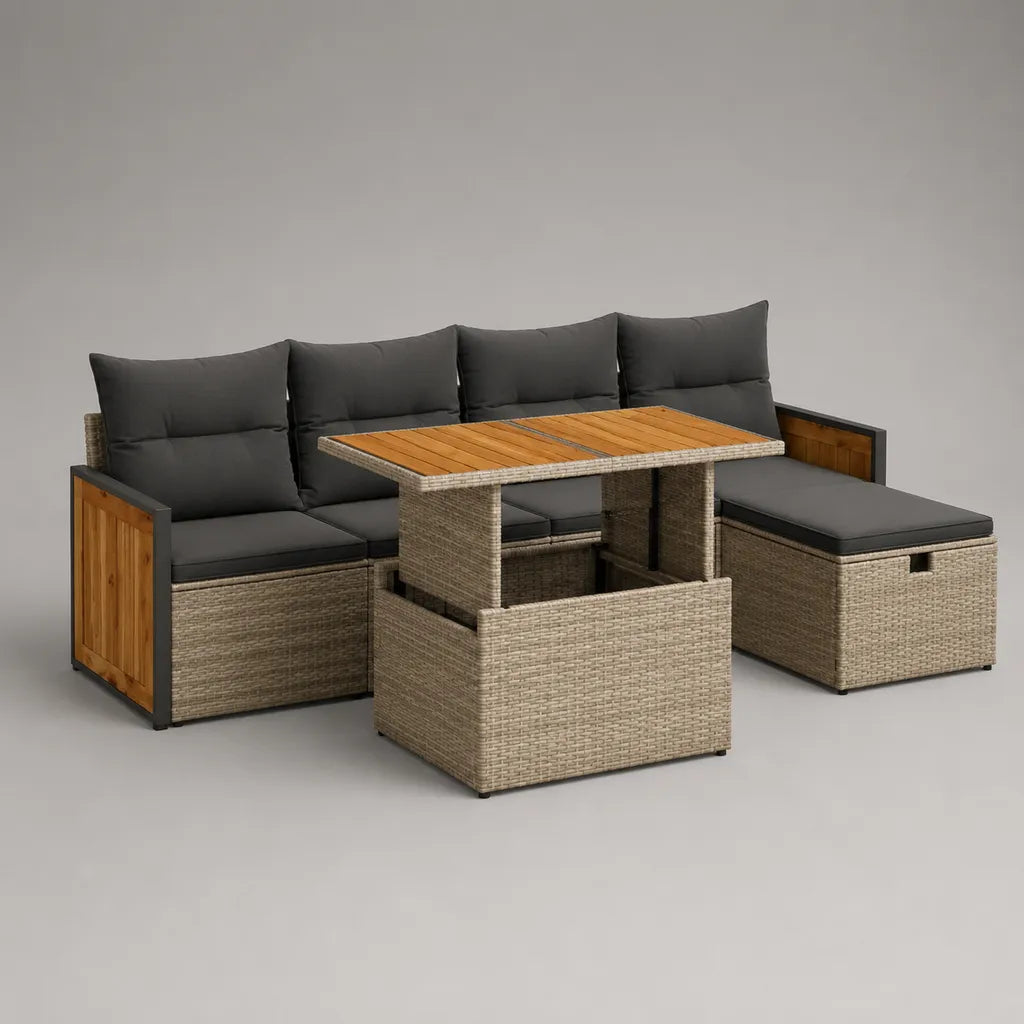 Set divano angolare da esterno a 4 posti in rattan PE, metallo e legno con tavolo e pouf, grigio antracite, beige e marrone, 228 × 166 × 84 cm