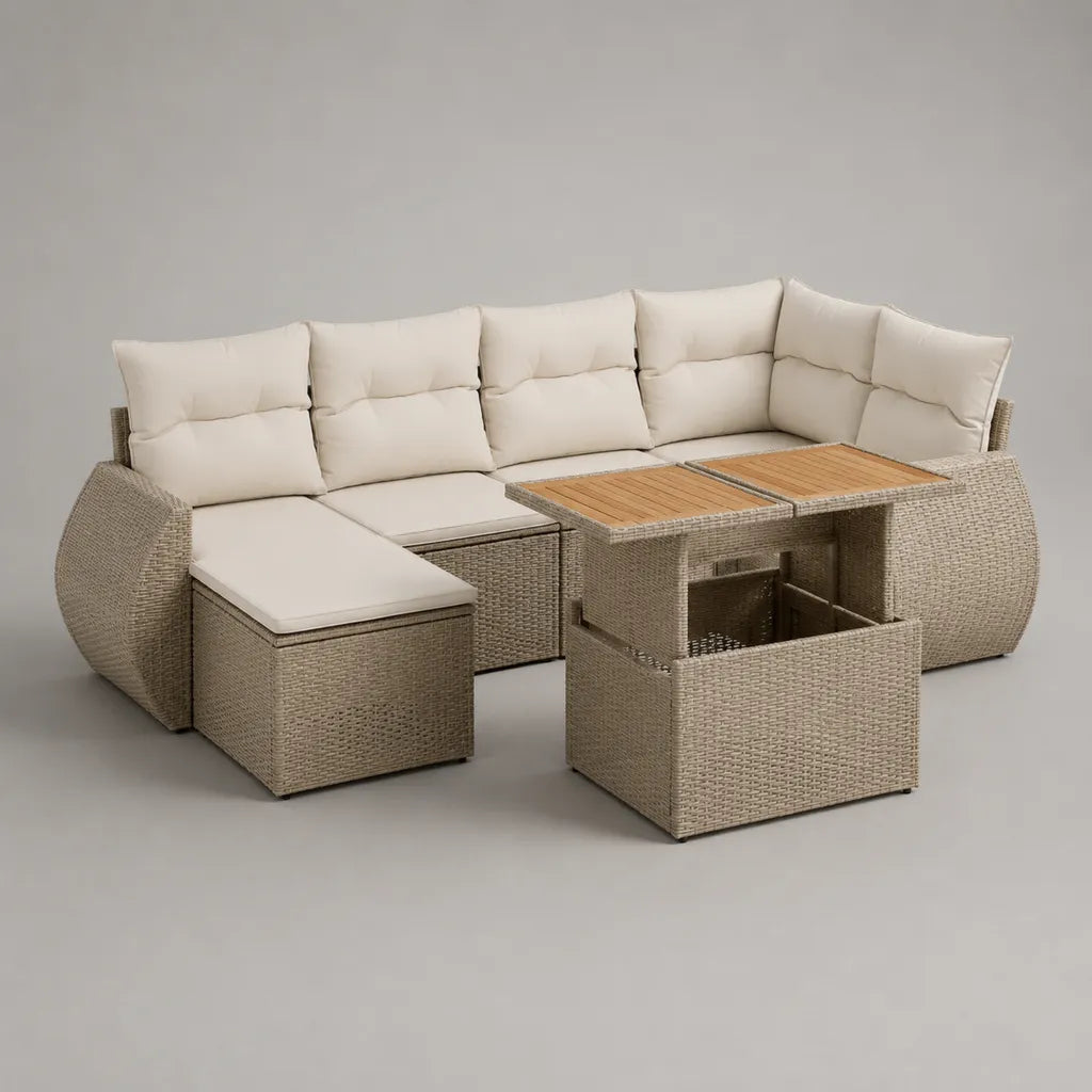 Set salotto angolare da esterno a 7 posti in rattan PE e acciaio con tavolo in legno e 2 pouf, beige, 235 x 178 x 74 cm
