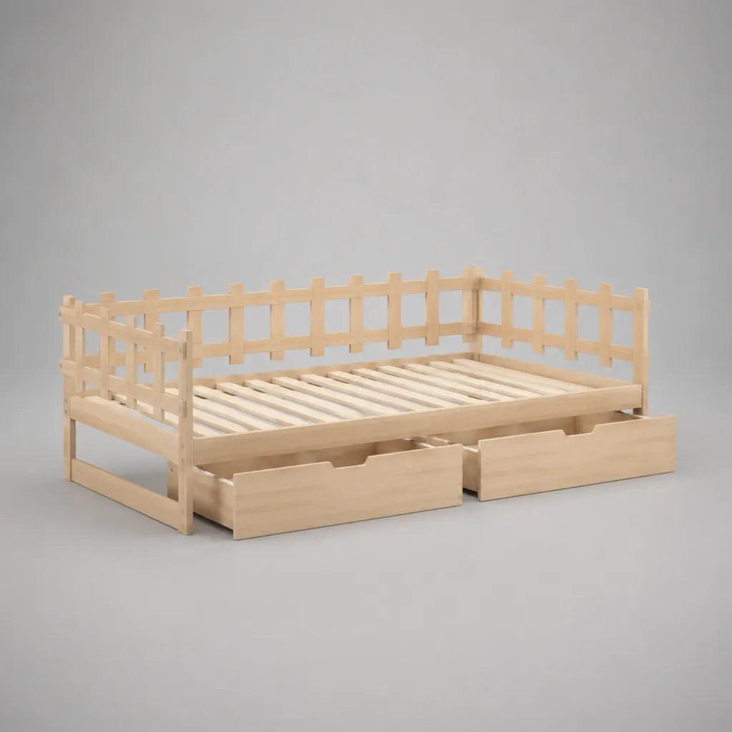 Letto singolo rettangolare in legno naturale con rete a doghe e 2 cassetti, 209 x 98 x 82 cm, per materasso 90 x 200 cm