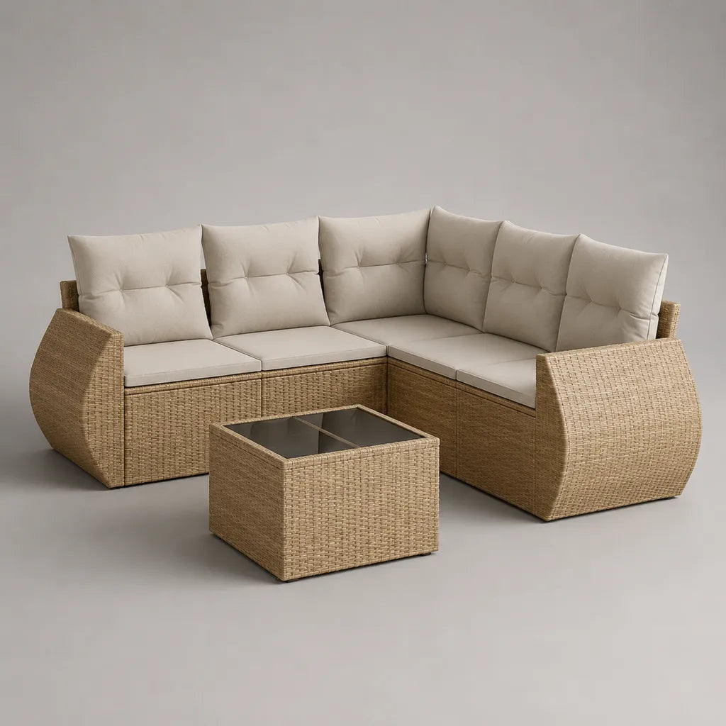 Divano angolare da esterno a 5 posti in rattan con cuscini beige e tavolino in vetro, 220 × 220 × 82 cm