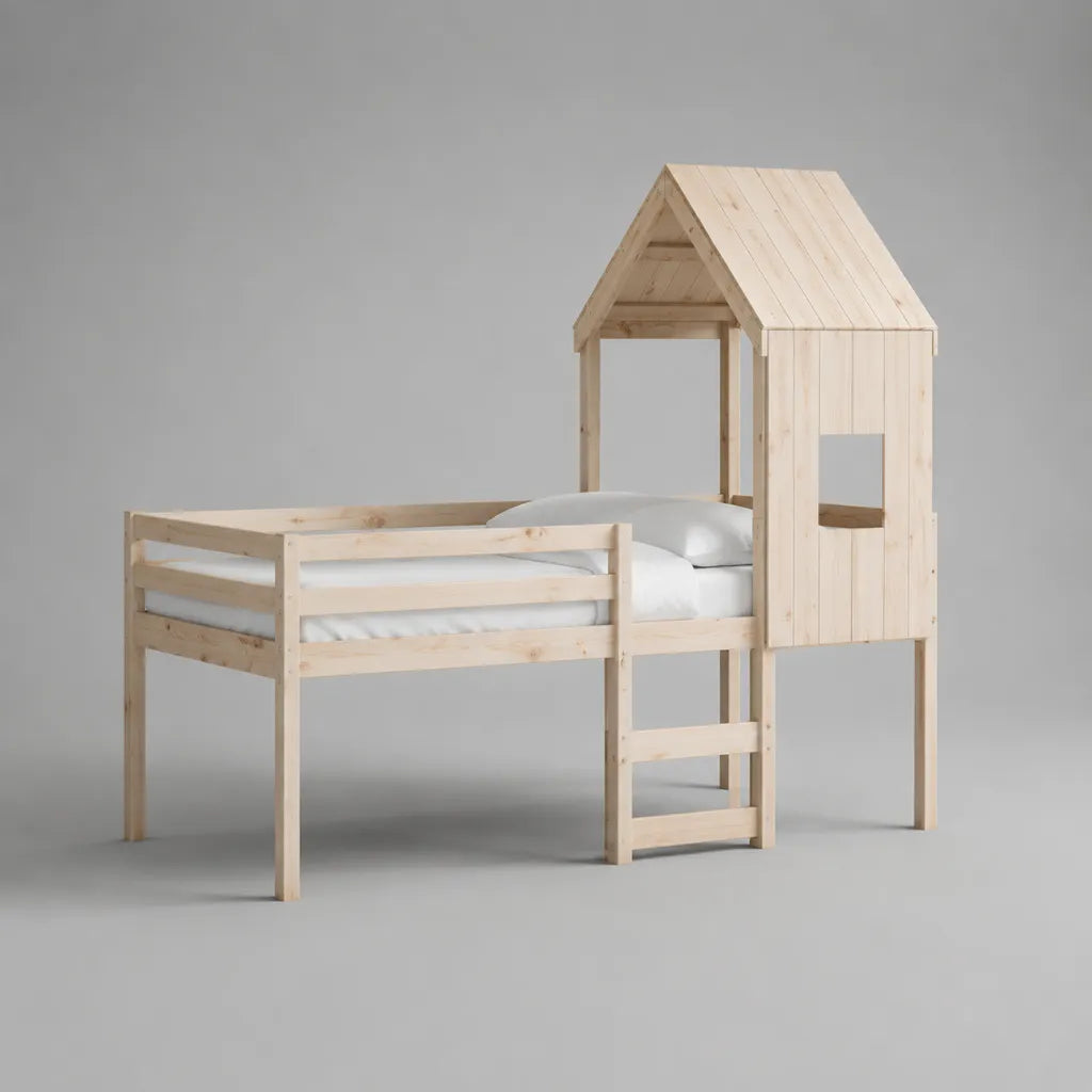 Letto a soppalco per bambini 90 x 200 cm in legno beige naturale, struttura a casetta con ringhiere e scaletta