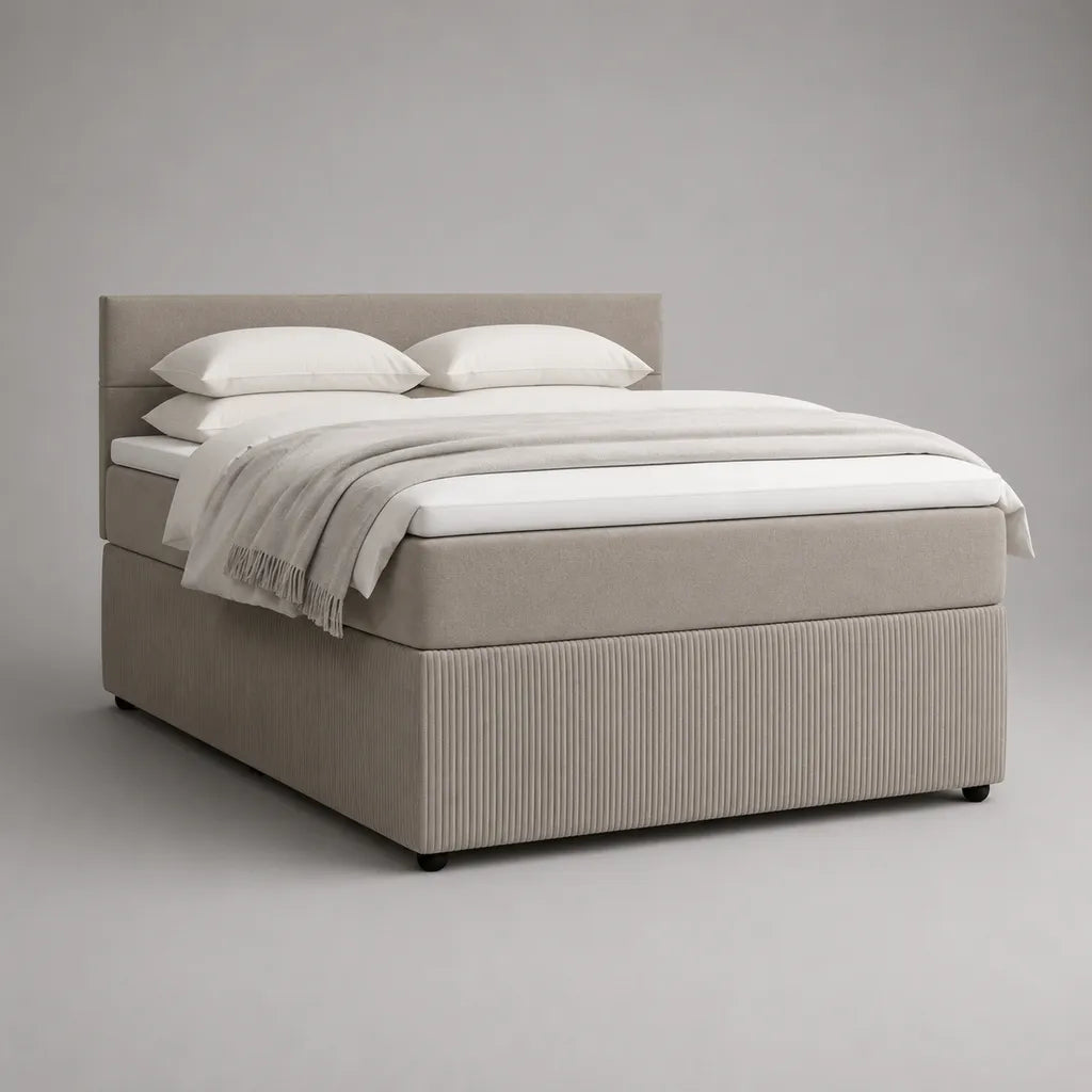 Letto matrimoniale imbottito 160 x 200 cm in poliestere beige con testiera e rete a doghe
