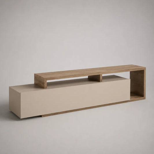 Mobile TV basso rettangolare in MDF e legno, tortora e rovere naturale, 200 × 40 × 60 cm