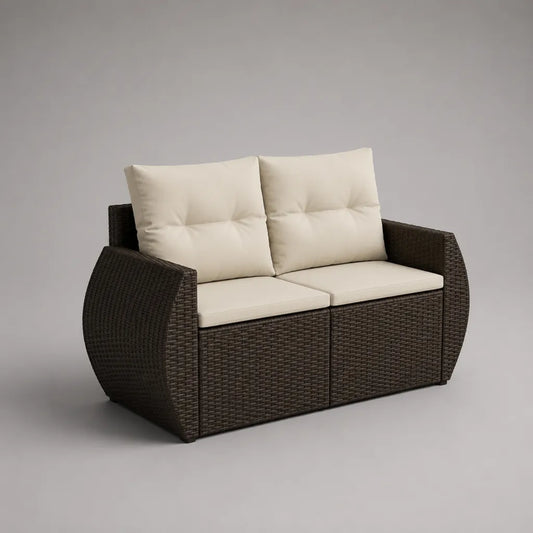 Divano da giardino a 2 posti in polyrattan PE marrone con cuscini beige, 138 × 75 × 80 cm