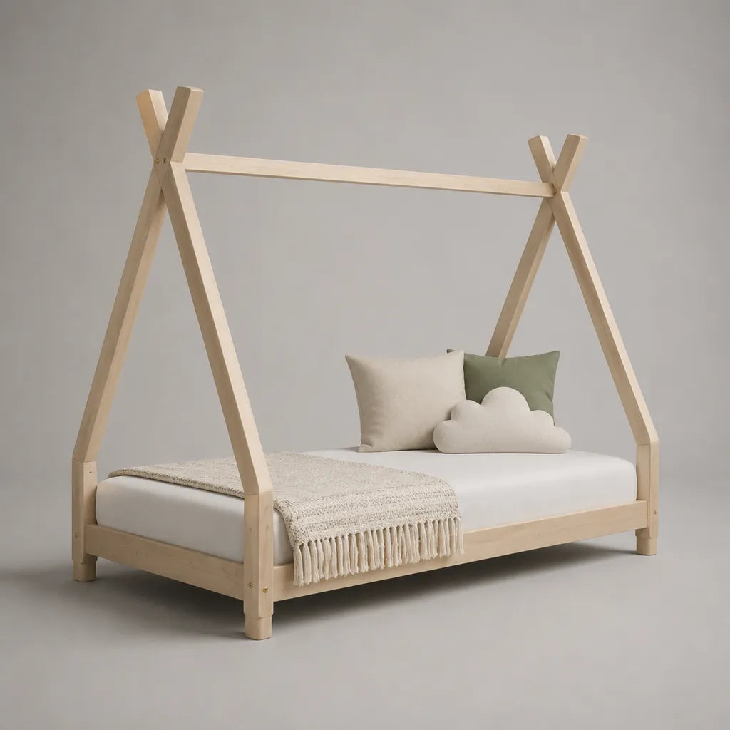 Letto a capanna per bambini 90 x 190 cm in legno massello naturale con rete a doghe