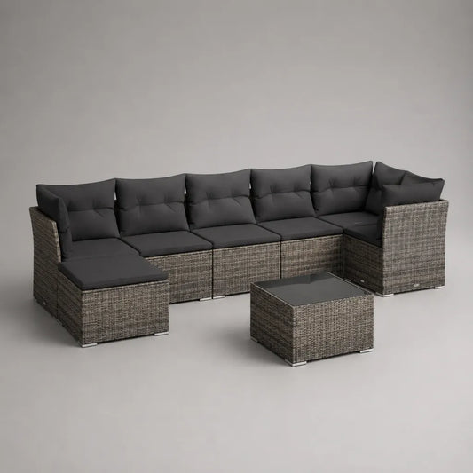 Salotto modulare da giardino a 6 posti con tavolino in rattan e acciaio, grigio screziato e antracite, 336 × 136 × 74 cm