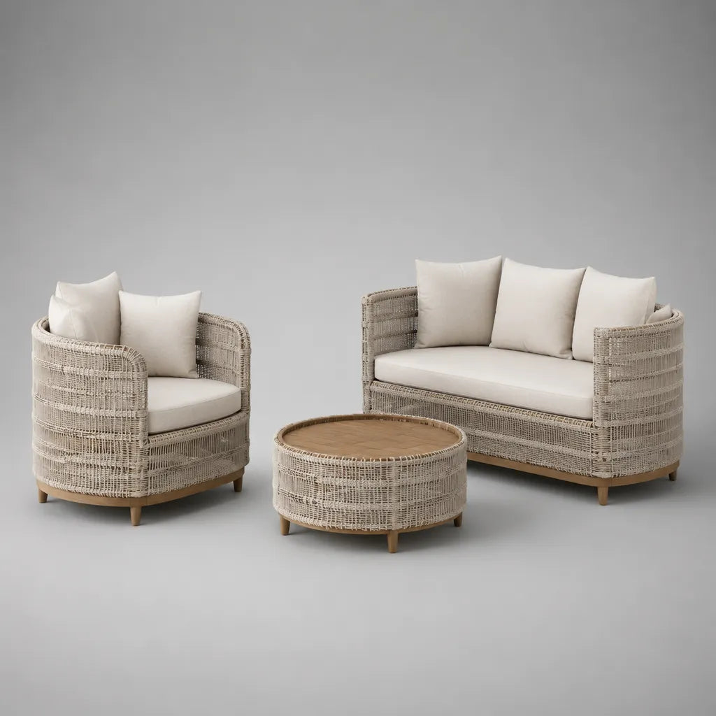 Set da giardino 3 pezzi in fibra PE e legno, beige e crema, con divano 158 x 82 x 78 cm, poltrona 86 x 82 x 78 cm e tavolino Ø 74 x 40 cm