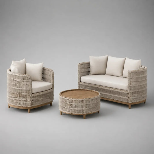 Set da giardino 3 pezzi in fibra PE e legno, beige e crema, con divano 158 x 82 x 78 cm, poltrona 86 x 82 x 78 cm e tavolino Ø 74 x 40 cm