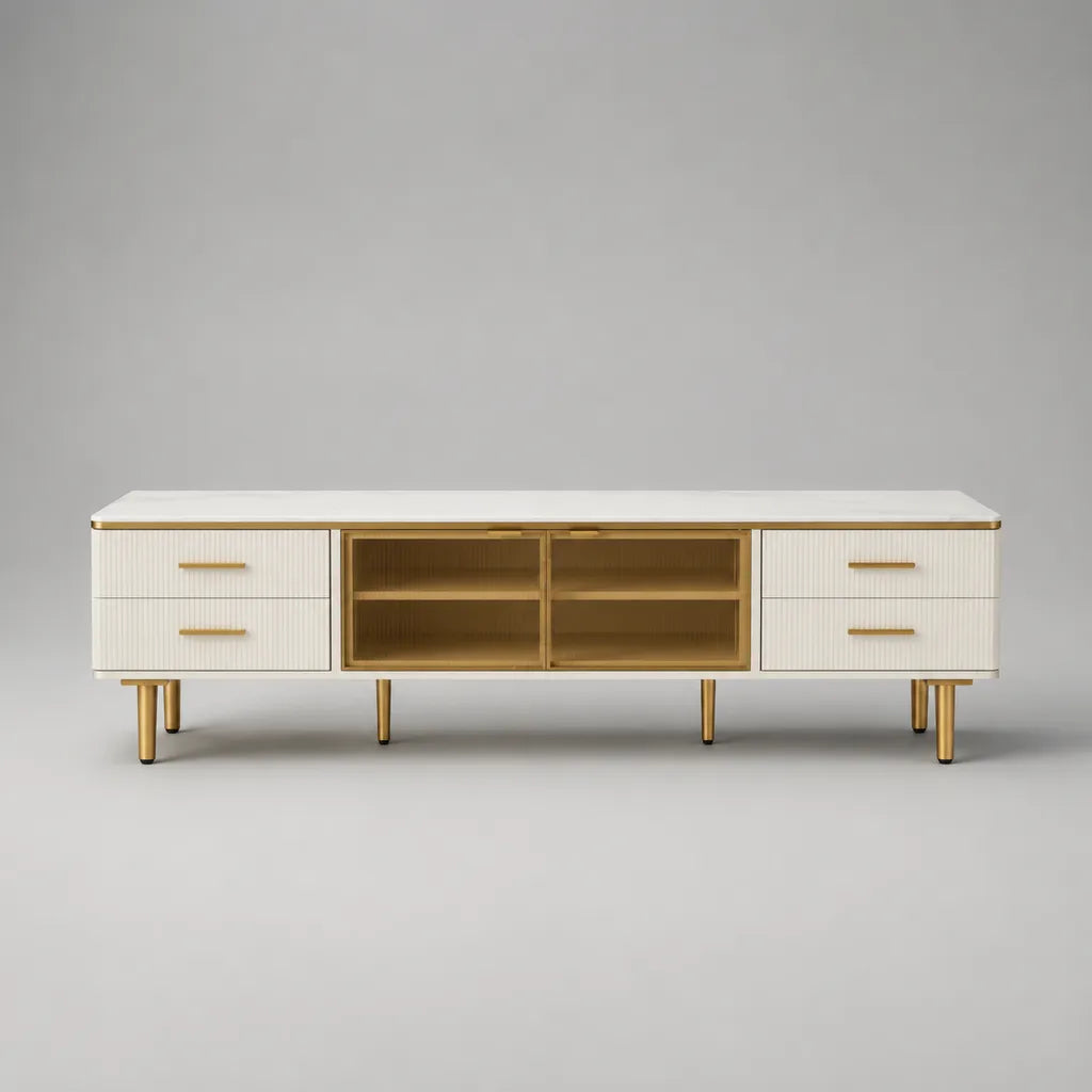 Mobile TV basso in MDF e vetro con 4 cassetti e 2 ante scorrevoli, bianco, oro e bronzo, 180 x 40 x 58 cm