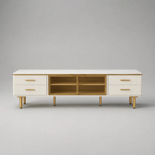 Mobile TV basso in MDF e vetro con 4 cassetti e 2 ante scorrevoli, bianco, oro e bronzo, 180 x 40 x 58 cm