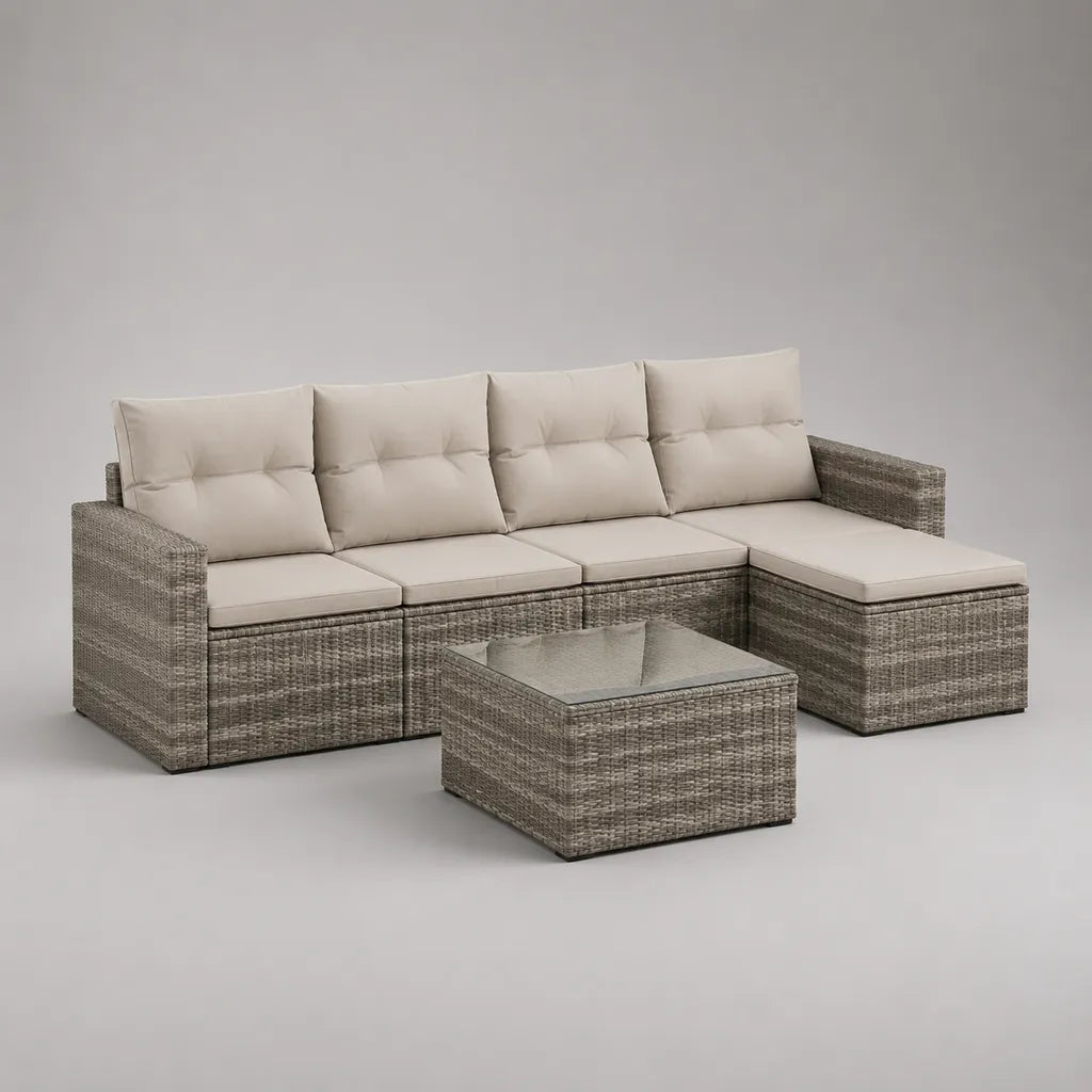 Divano angolare da giardino a 4 posti in polyrattan con penisola destra e tavolino, grigio tortora e beige, 227 x 147 x 74 cm