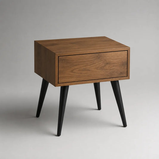Tavolino laterale rettangolare con cassetto in MDF impiallacciato e legno massello, marrone noce e nero, 45 x 35 x 55 cm