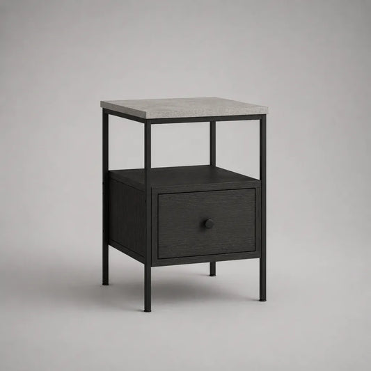 Comodino rettangolare in MDF e acciaio con cassetto e ripiano, nero e grigio, 40 × 40 × 60 cm