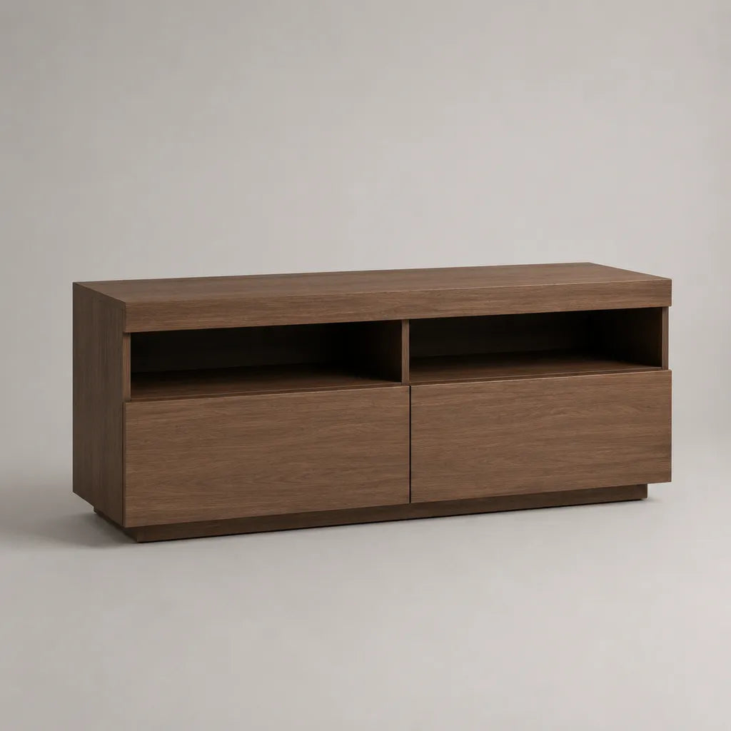 Mobile TV basso rettangolare in pannello truciolare melaminico marrone noce 120 × 40 × 55 cm con 2 vani aperti e 2 ante