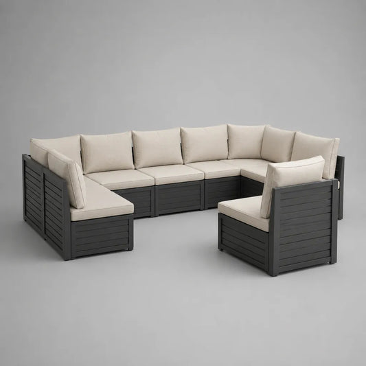 Set divano angolare modulare da esterno a 7 posti in alluminio con cuscini in poliestere beige, antracite, 360 x 144 x 74 cm