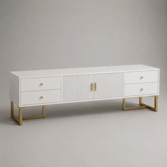 Mobile porta TV rettangolare in MDF e acciaio, bianco e oro, con 4 cassetti e 2 ante, 180 x 40 x 60 cm