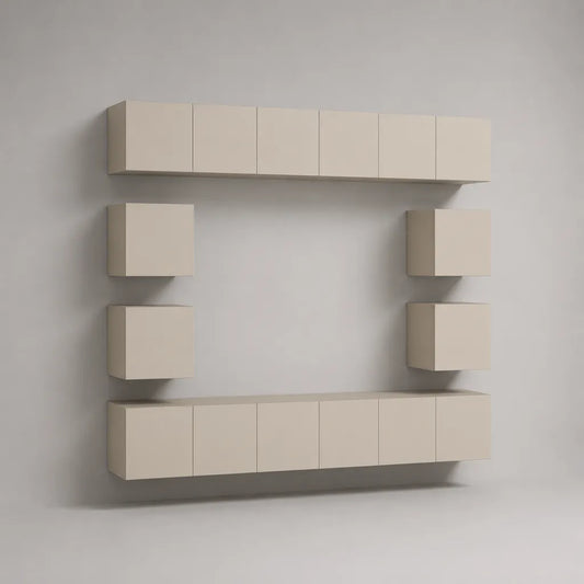 Parete attrezzata sospesa componibile in legno, 6 elementi, beige opaco, 240 × 40 × 235 cm