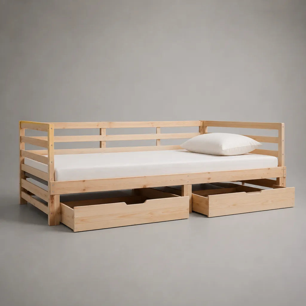 Letto singolo in pino massello naturale con 2 cassetti, per materasso 90 x 200 cm, dimensioni 206 x 96 x 80 cm