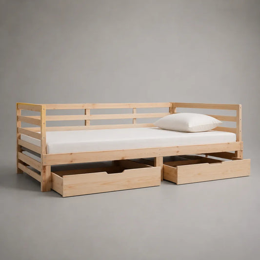 Letto singolo in pino massello naturale con 2 cassetti, per materasso 90 x 200 cm, dimensioni 206 x 96 x 80 cm
