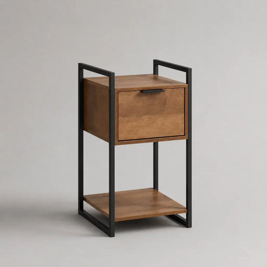Tavolino laterale in legno e metallo con anta a ribalta e ripiano, marrone e nero, 40 × 35 × 70 cm