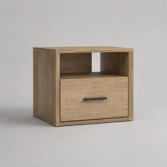 Comodino rettangolare in legno con cassetto e vano aperto, rovere naturale e nero, 45 × 40 × 50 cm
