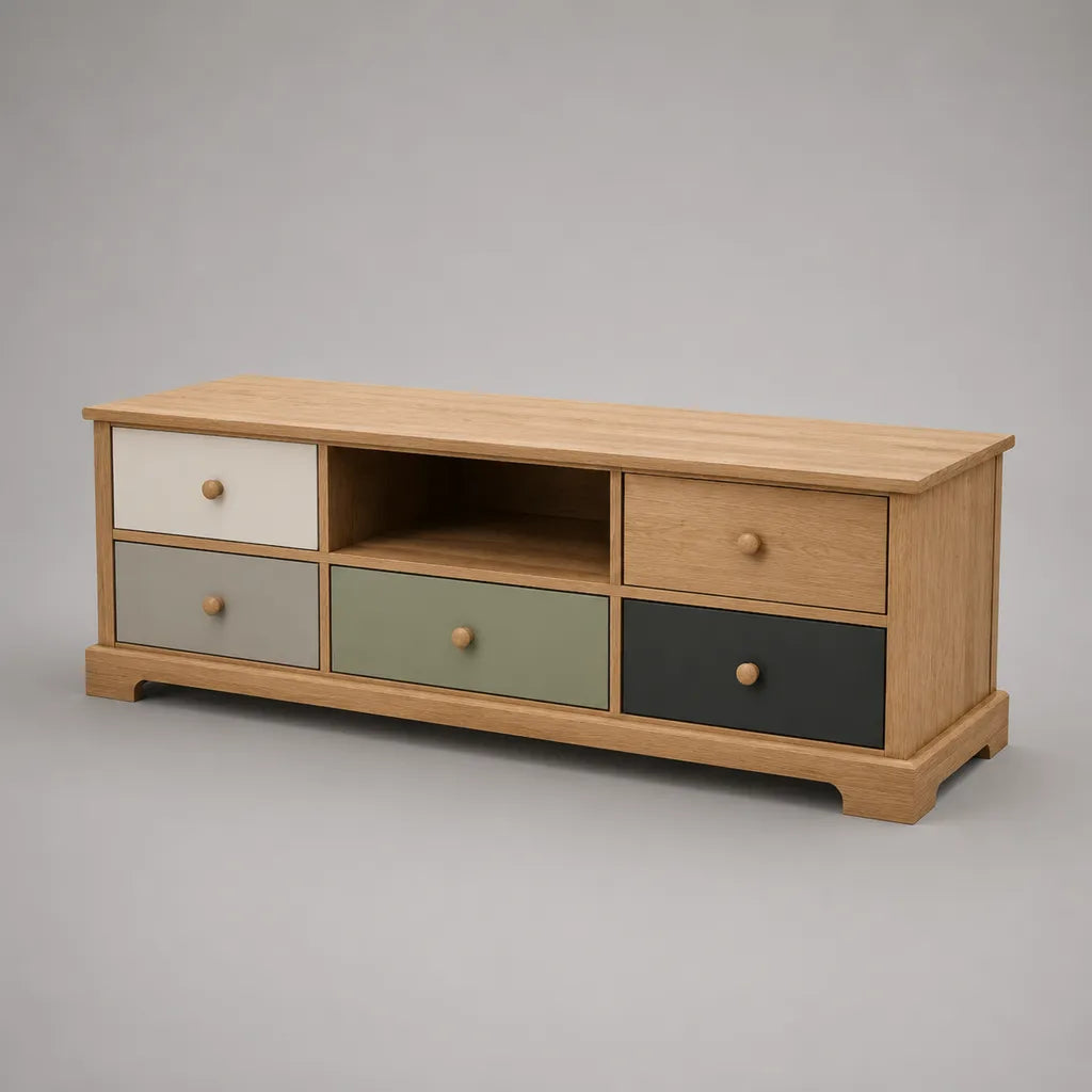Mobile porta TV rettangolare in legno con 5 cassetti e vano aperto, rovere naturale multicolore, 140 x 40 x 55 cm