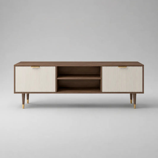 Mobile TV rettangolare in legno con 2 ante scanalate avorio e 2 vani aperti, marrone noce e ottone, 180 × 40 × 60 cm