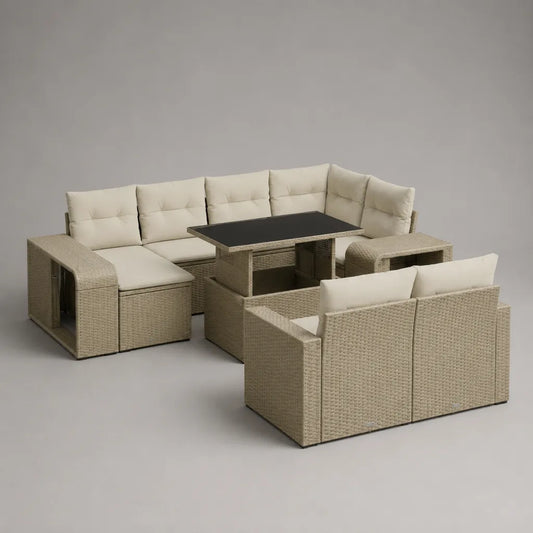 Set modulare da giardino 9 pezzi in polyrattan PE con cuscini e tavolo rettangolare, beige, crema e nero, 238 x 178 x 74 cm