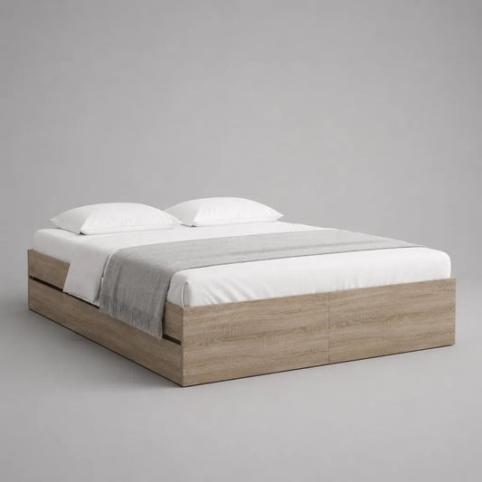 Letto matrimoniale rettangolare in pannelli truciolari melaminici con rete a doghe, rovere chiaro, 166 x 206 x 40 cm, materasso 160 x 200 cm