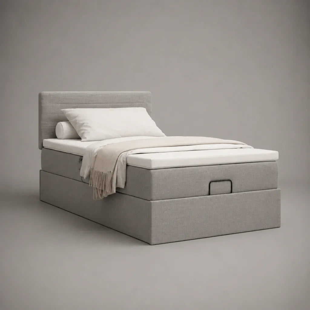 Letto singolo contenitore imbottito in tessuto grigio chiaro con testiera e rete a doghe, 90 x 200 cm, dimensioni 215 x 100 x 110 cm