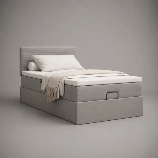 Letto singolo contenitore imbottito in tessuto grigio chiaro con testiera e rete a doghe, 90 x 200 cm, dimensioni 215 x 100 x 110 cm