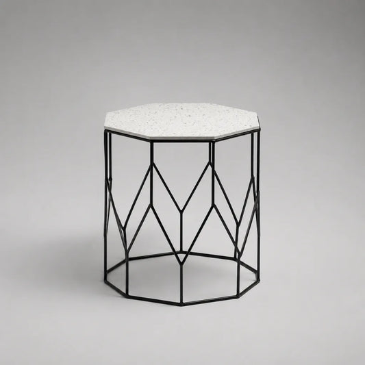 Tavolino laterale ottagonale in terrazzo composito e acciaio nero, 45 × 45 × 55 cm