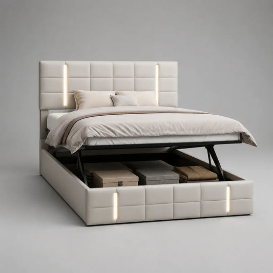 Letto matrimoniale contenitore con LED, rete sollevabile e rivestimento in poliestere bianco, per materasso 160 x 200 cm, dimensioni 180 x 220 x 125 cm