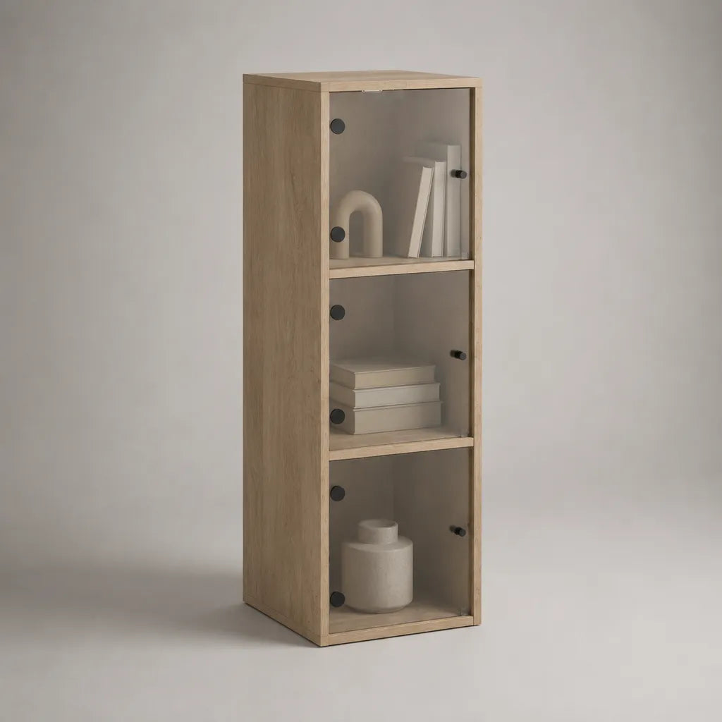 Scaffale a colonna in legno con 3 ante in vetro fumé, effetto rovere naturale, 40 × 35 × 120 cm
