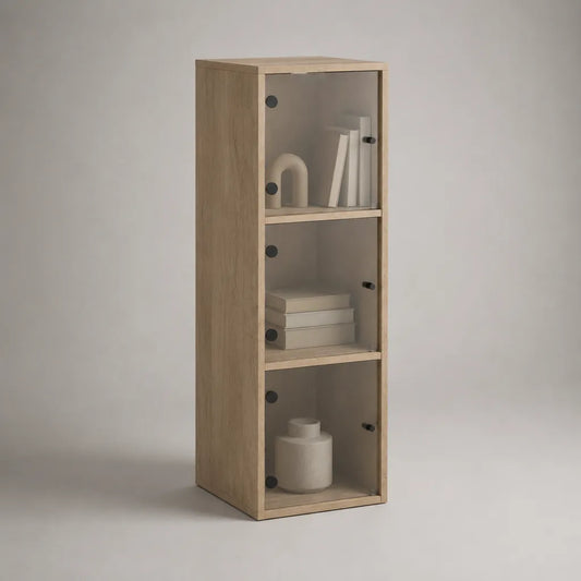 Scaffale a colonna in legno con 3 ante in vetro fumé, effetto rovere naturale, 40 × 35 × 120 cm