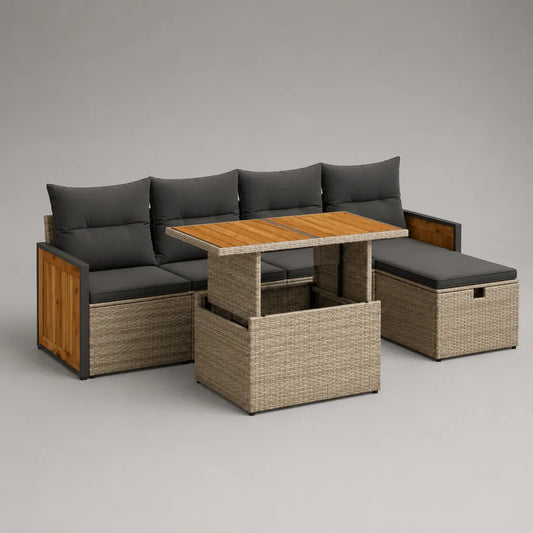 Set divano angolare da esterno a 4 posti in rattan PE, metallo e legno con tavolo e pouf, grigio antracite, beige e marrone, 228 × 166 × 84 cm